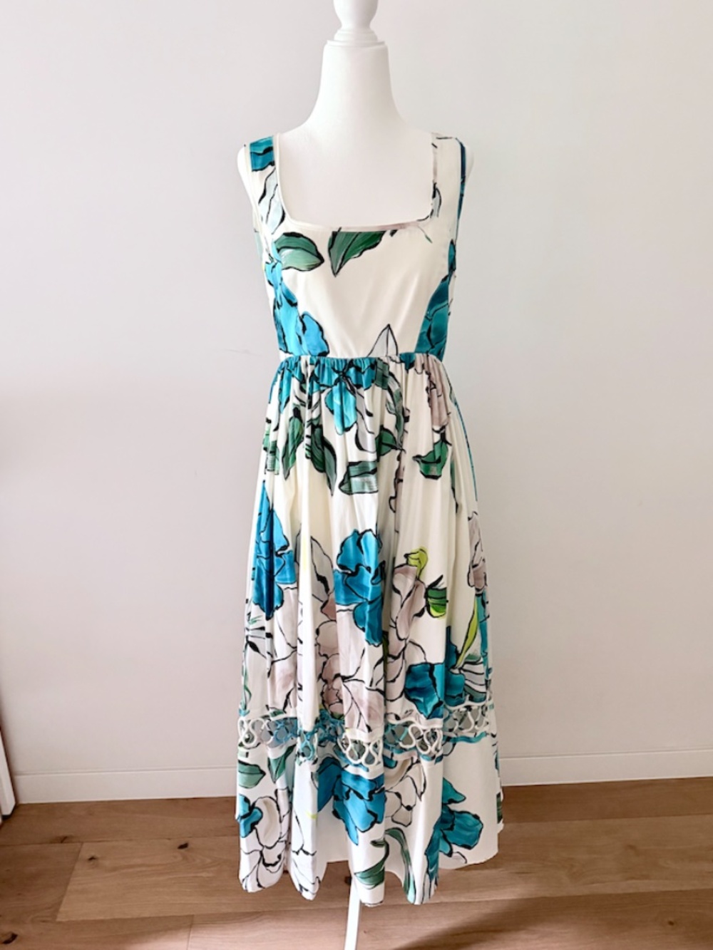 Aje Erika Cut-Out Midi Dress, Blue and White Floral, Size US 4
